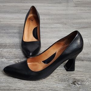 John Fluevog Black Leather Pointed Sculpted Heel Pumps